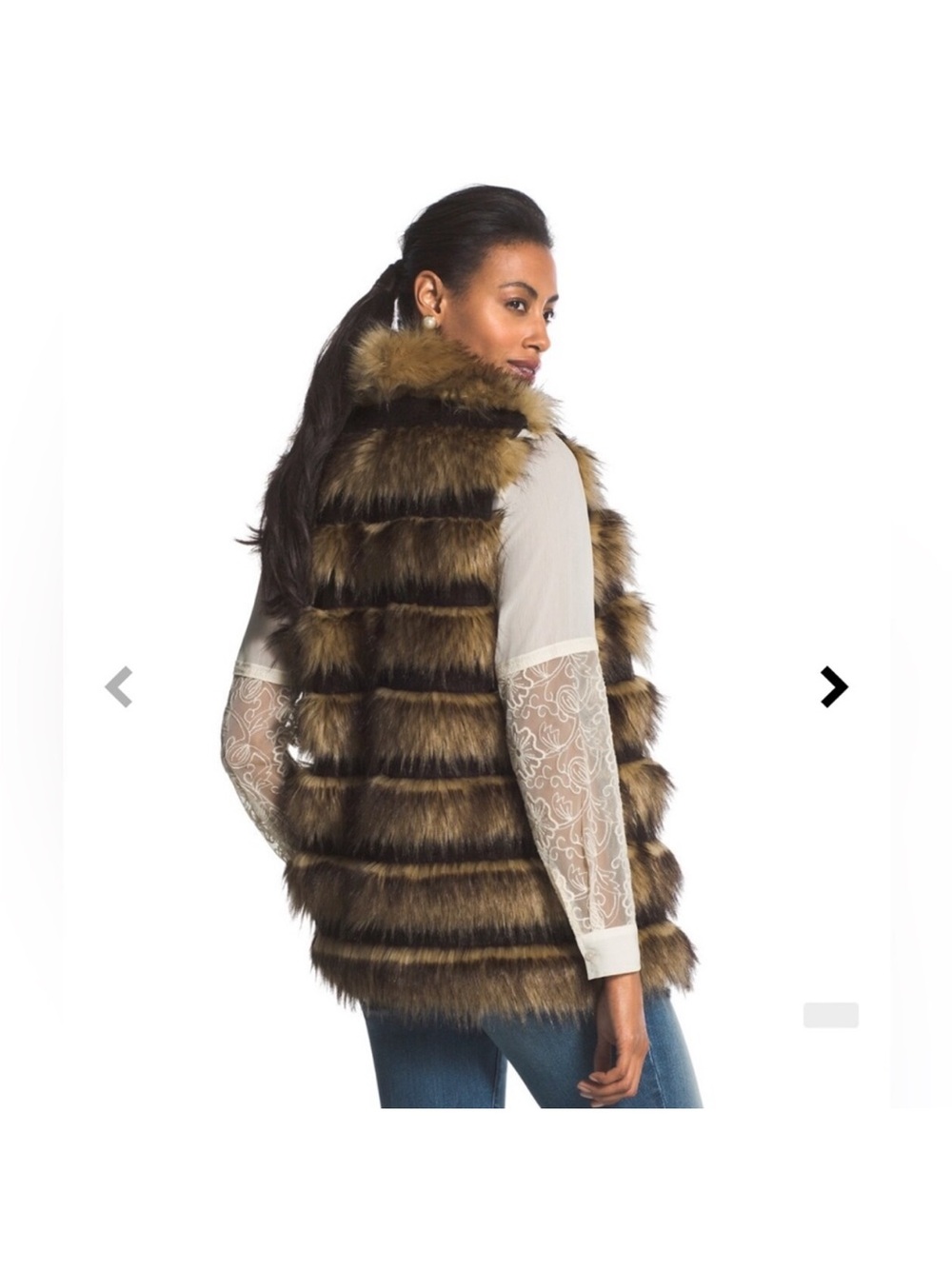 Chico's Striped Faux Fur Vest in Black and Tan
